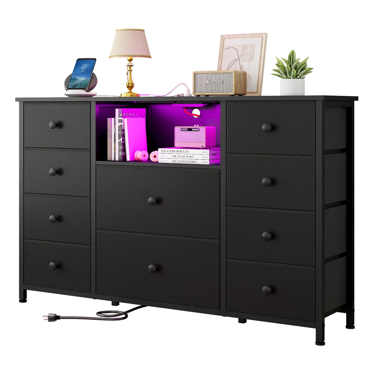 Black Dresser with Charging Station and LED Lights X38901