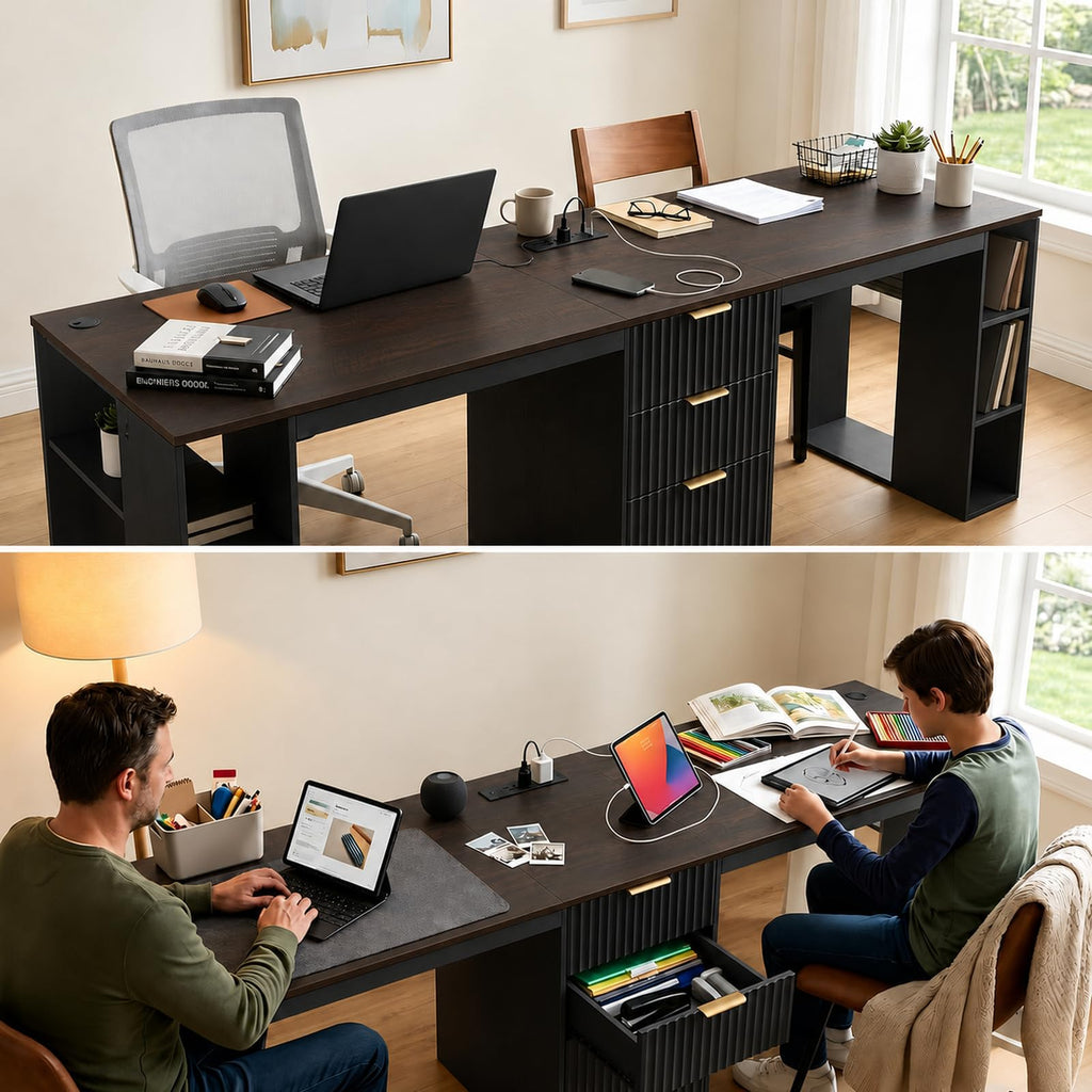 Black 2 Person Desk with Power Outlet and USB Ports G750