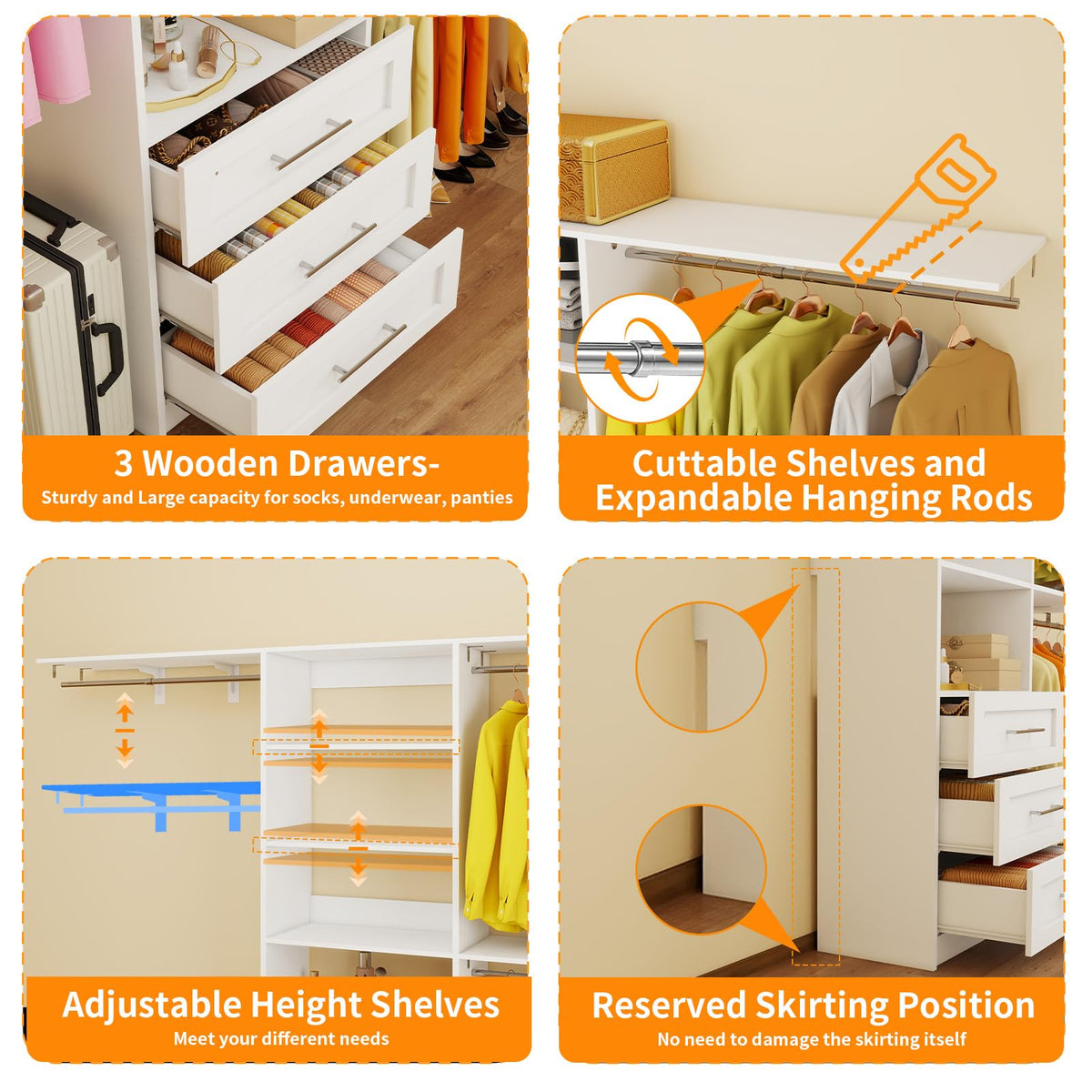 White Closet System with 3 Wood Drawers and Hanging Rods F25474