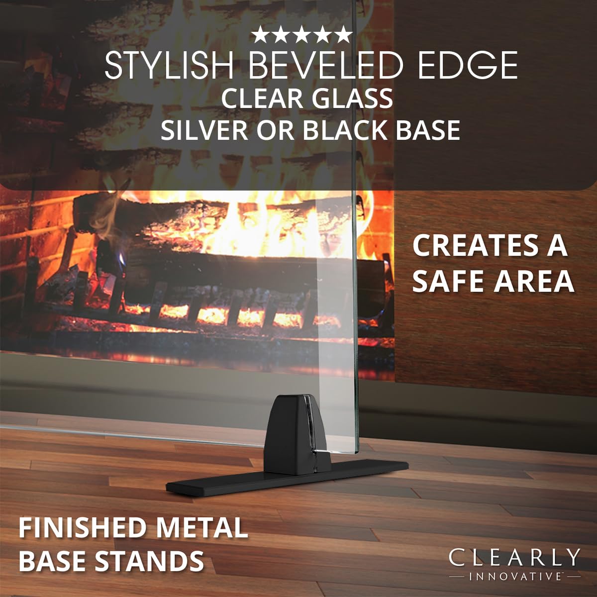 Tempered Glass Fireplace Screen, 33" x 46", Black Base Q112