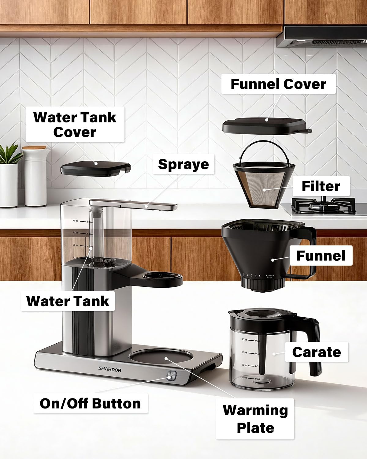 8 Cup Drip Coffee Maker with Reusable Filter and Glass Pot J6045