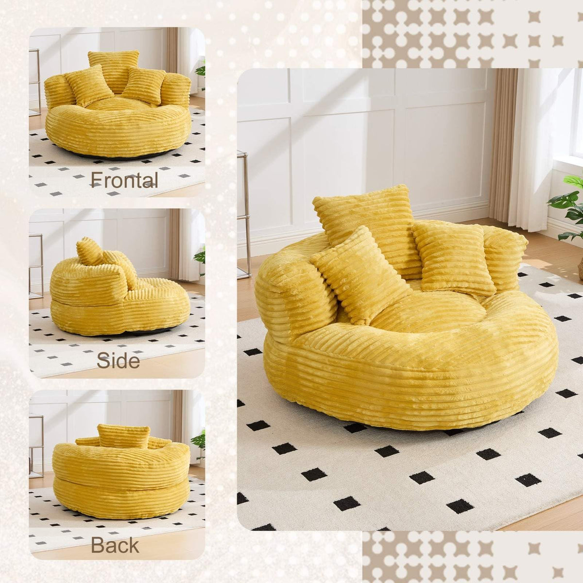 Oversized Corduroy Bean Bag Chair with 3 Pillows T69033