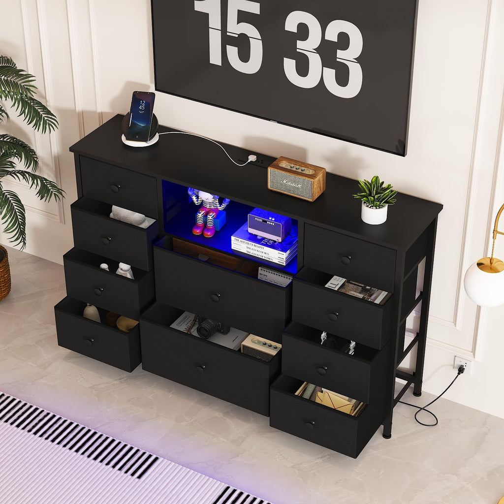 Black Dresser with Charging Station and LED Lights X38901
