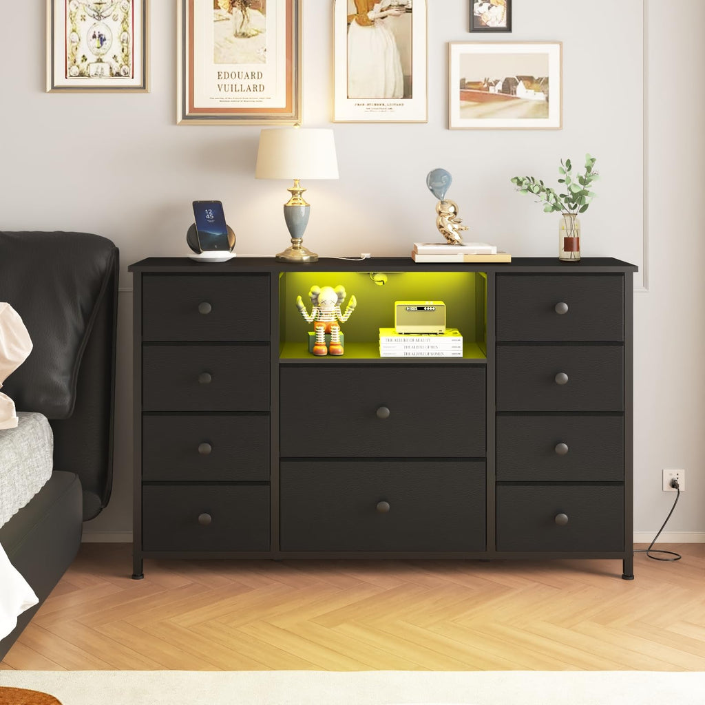 Black Dresser with Charging Station and LED Lights X38901
