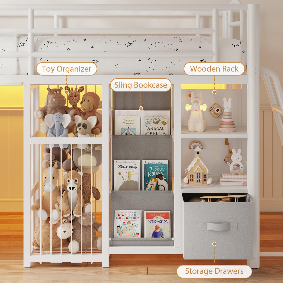 Twin Low Loft Bed with Storage Drawers and LED Lights A427