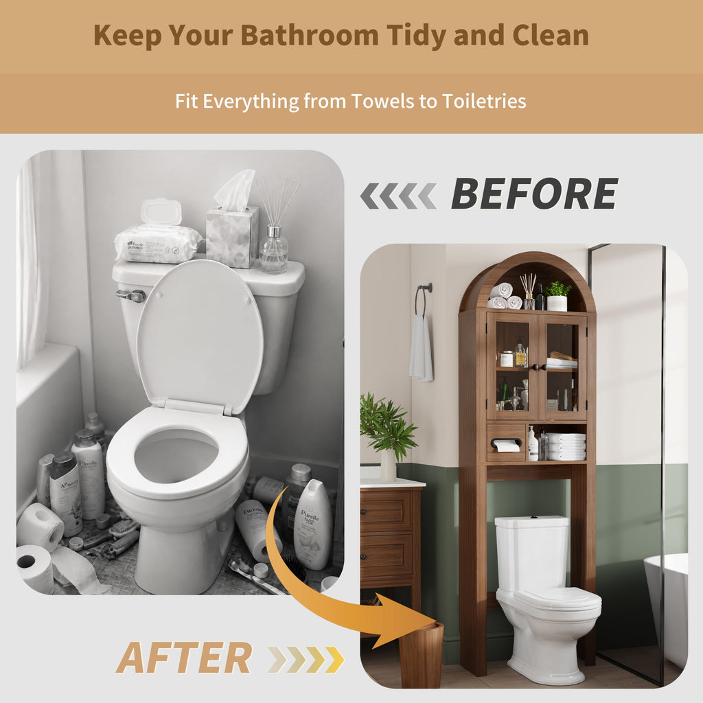 Arched Over the Toilet Storage Cabinet with Tempered Glass Doors G684