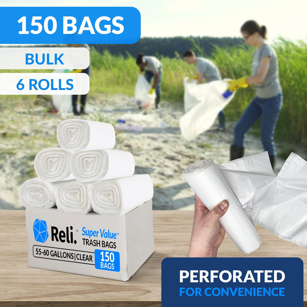 55-60 Gallon Heavy Duty Clear Trash Bags with Ties G945