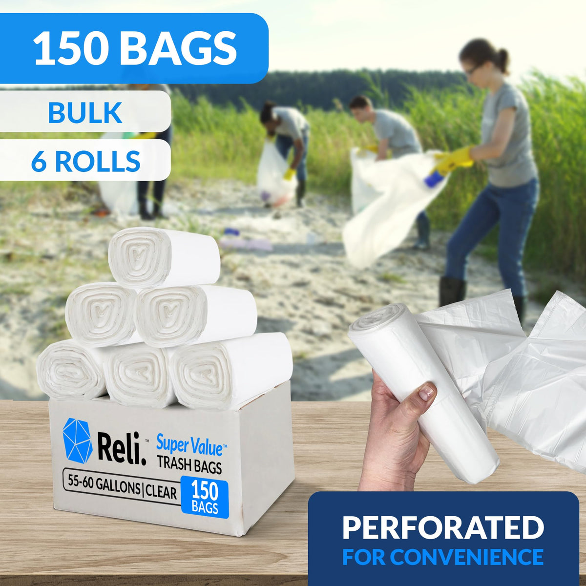 55-60 Gallon Heavy Duty Clear Trash Bags with Ties G945