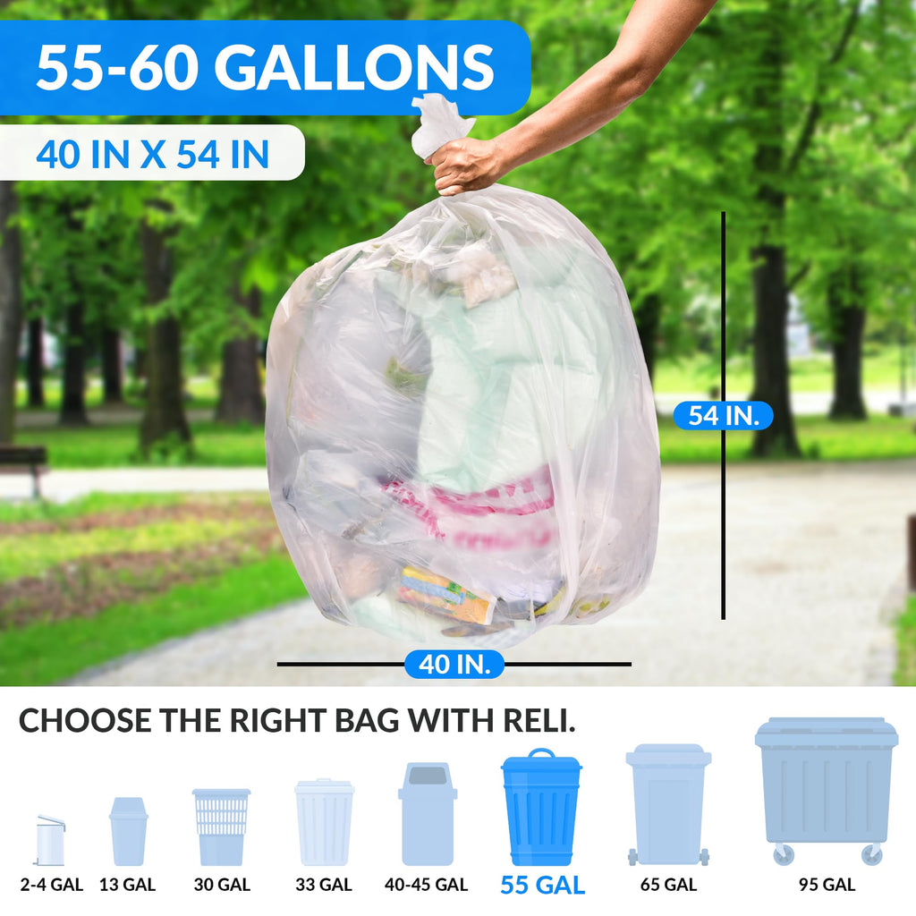 55-60 Gallon Heavy Duty Clear Trash Bags with Ties G945