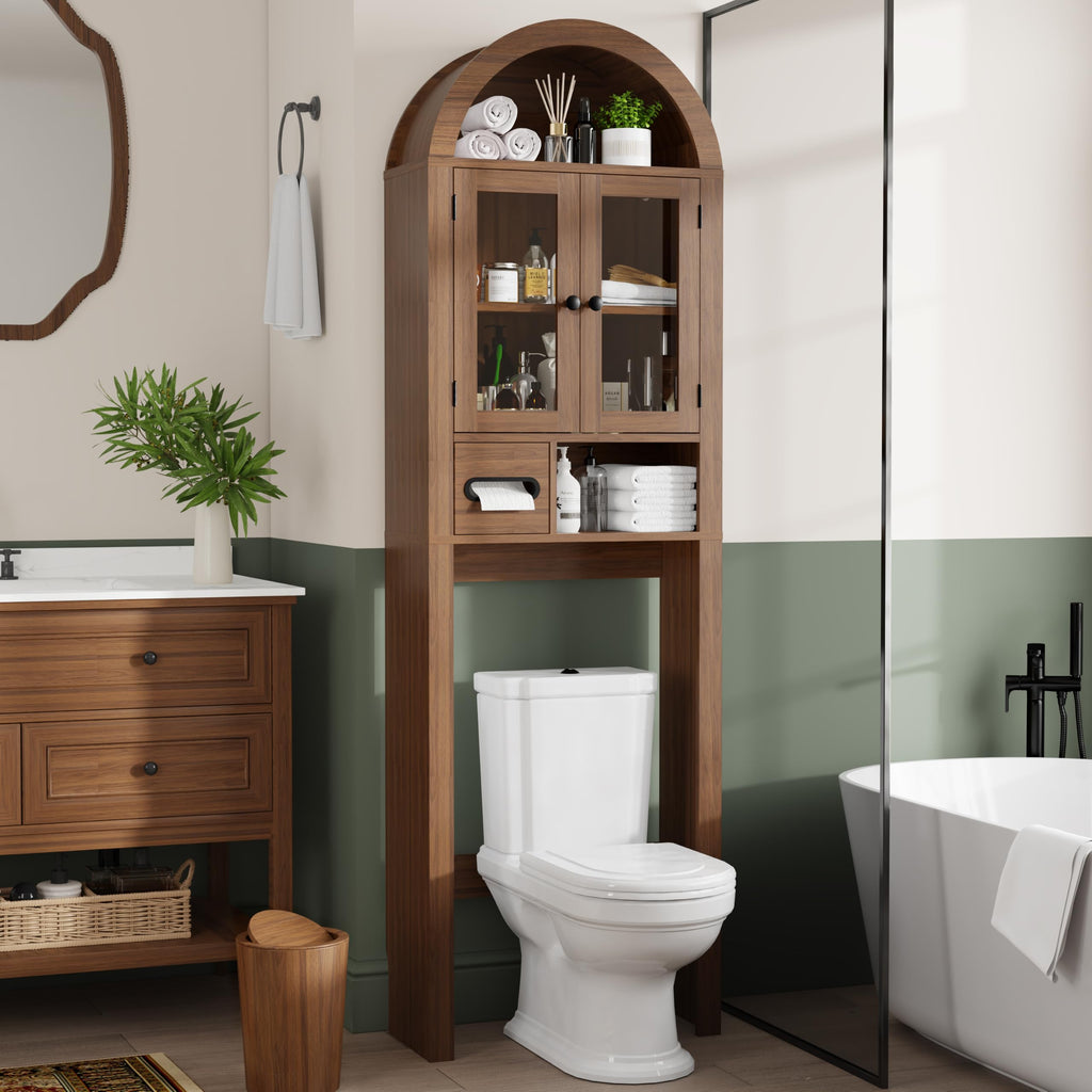 Arched Over the Toilet Storage Cabinet with Tempered Glass Doors G684