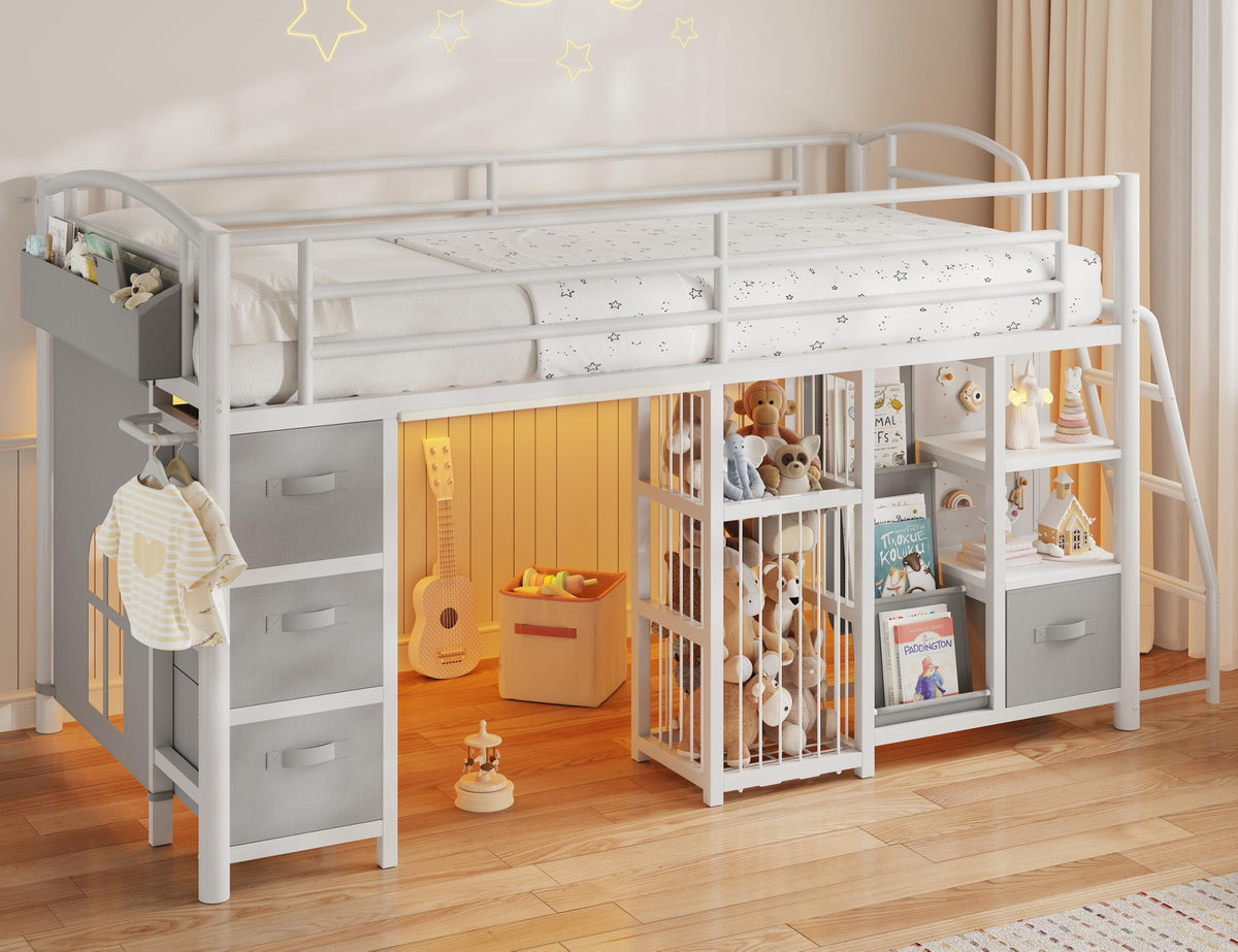 Twin Low Loft Bed with Storage Drawers and LED Lights A427
