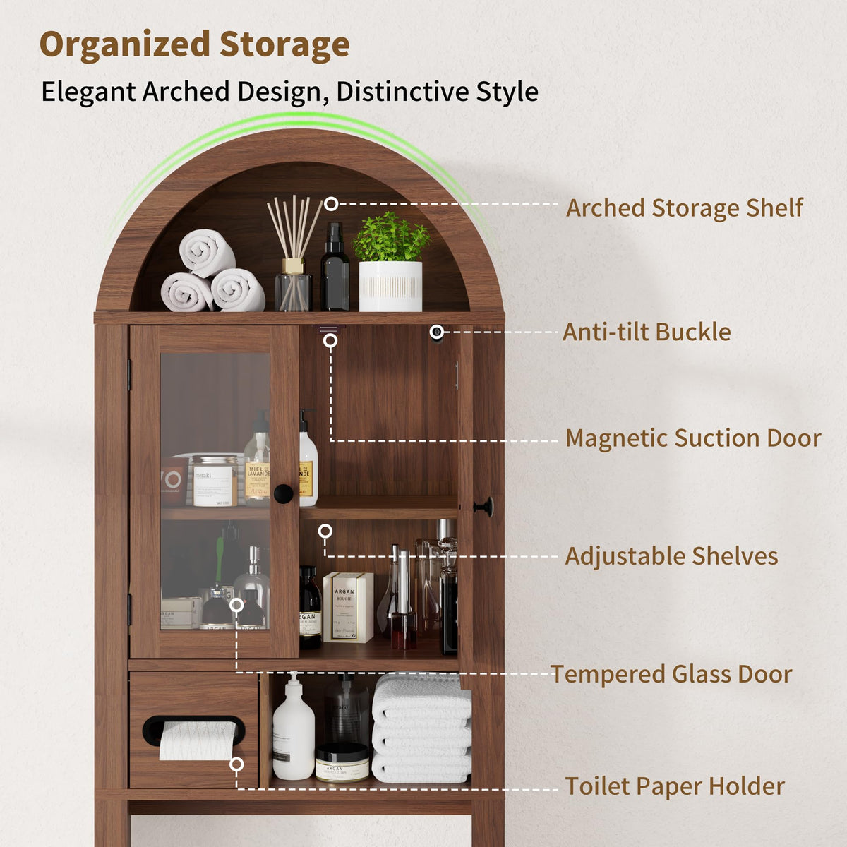 Arched Over the Toilet Storage Cabinet with Tempered Glass Doors G684
