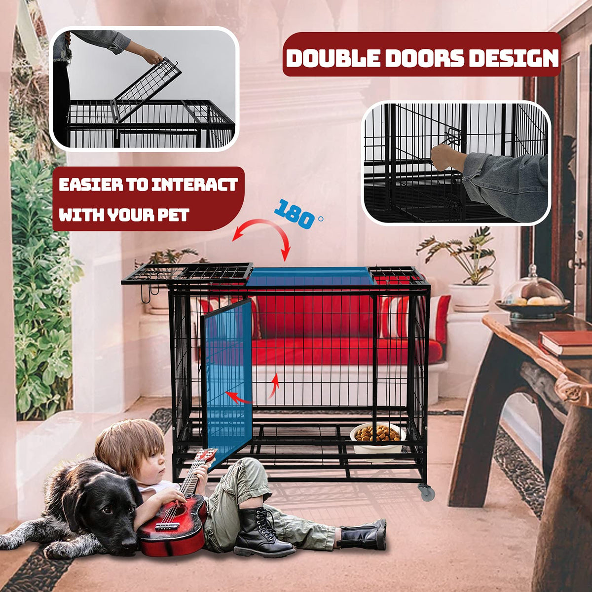 48 inch Heavy Duty Foldable Dog Crate with Lockable Wheels O6147