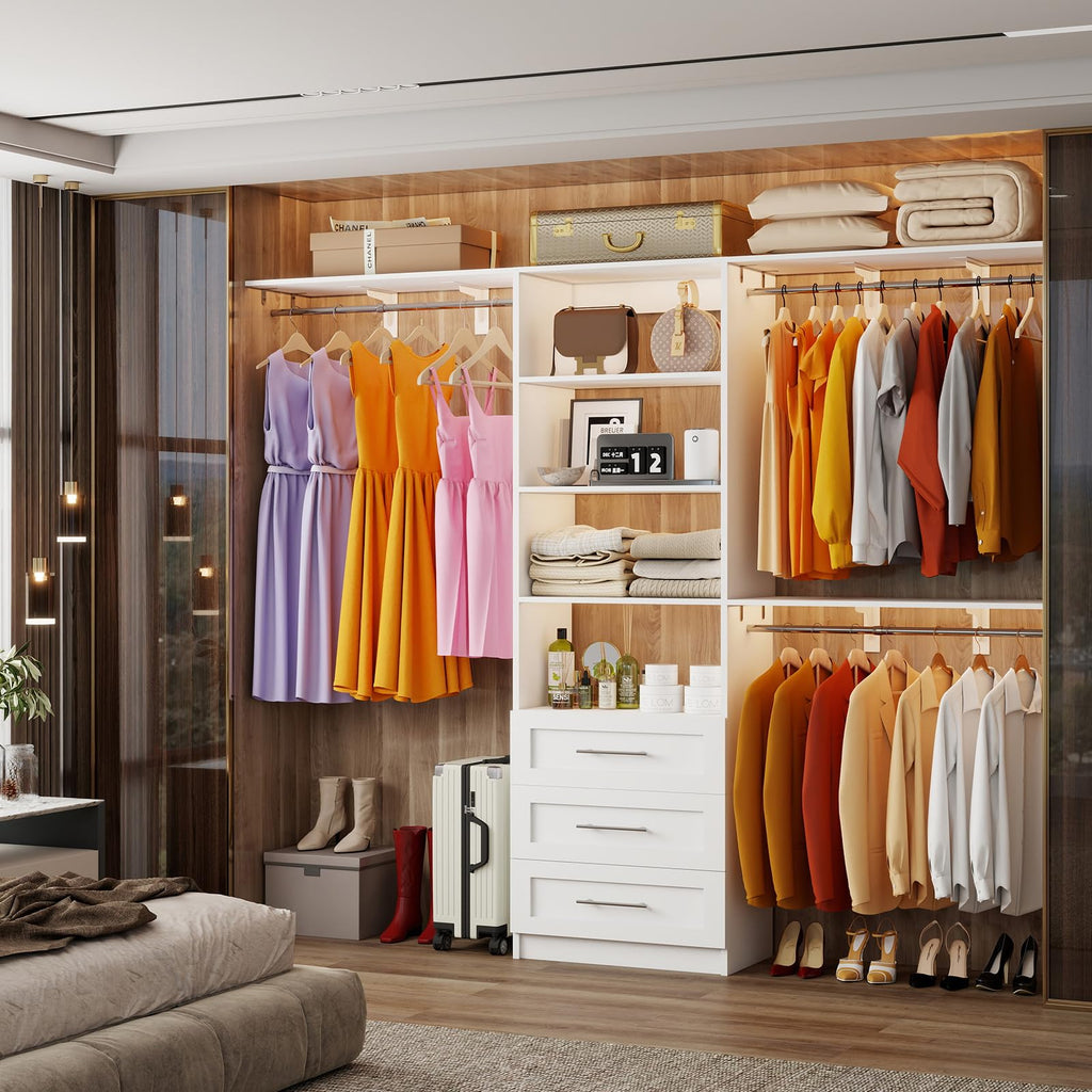 White Closet System with 3 Wood Drawers and Hanging Rods F25474