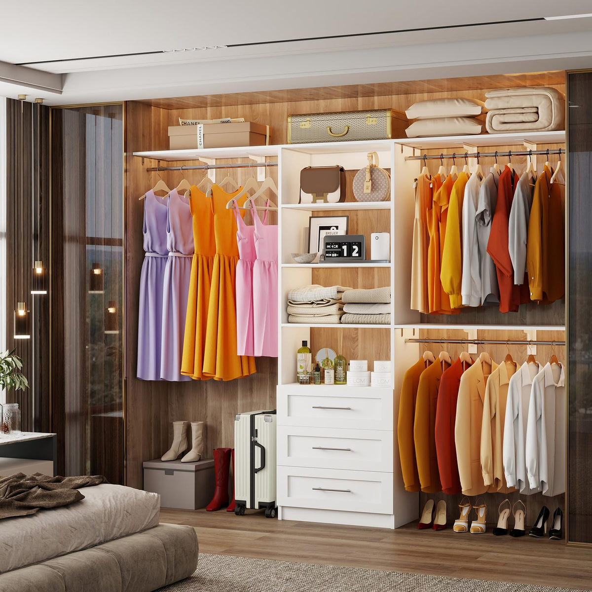 White Closet System with 3 Wood Drawers and Hanging Rods F25474