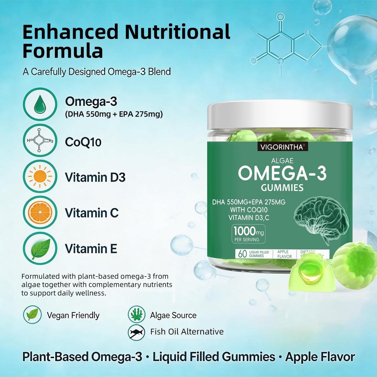 Vegan Omega-3 Algae Oil Softgels with DHA & EPA, 120 Softgels N430