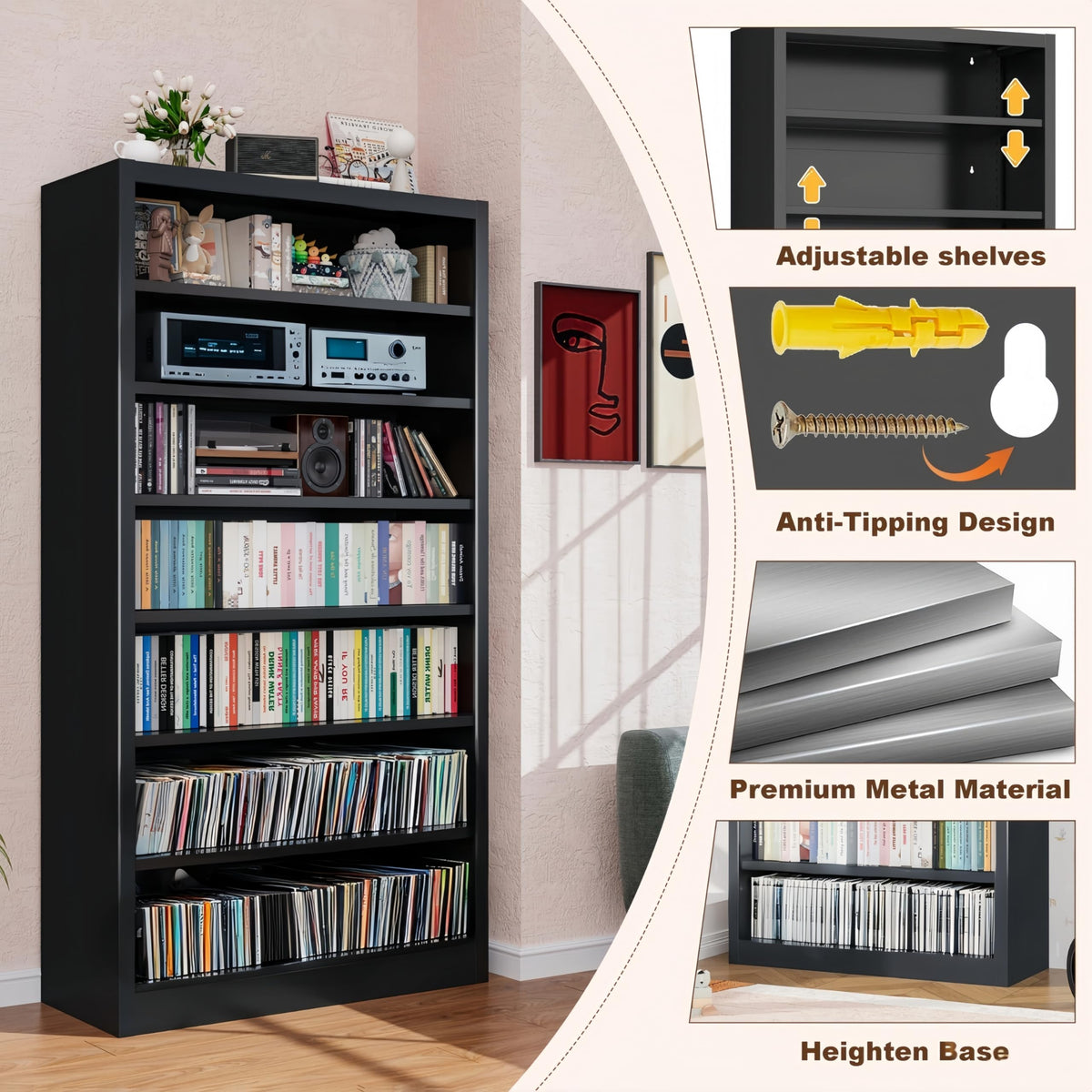 55" Metal Media Storage Cabinet with 6 Adjustable Shelves U637250