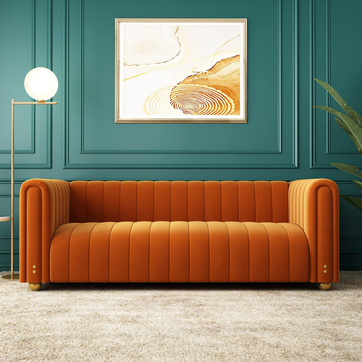 Orange Velvet Tufted 3-Seater Sofa N51388