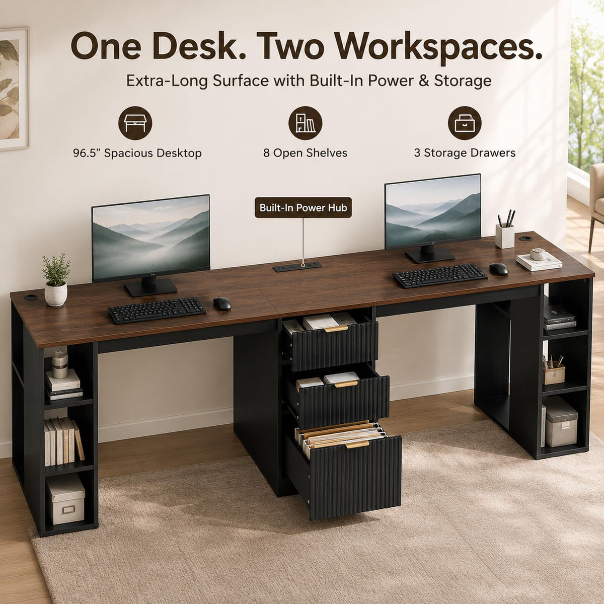 Black 2 Person Desk with Power Outlet and USB Ports G750