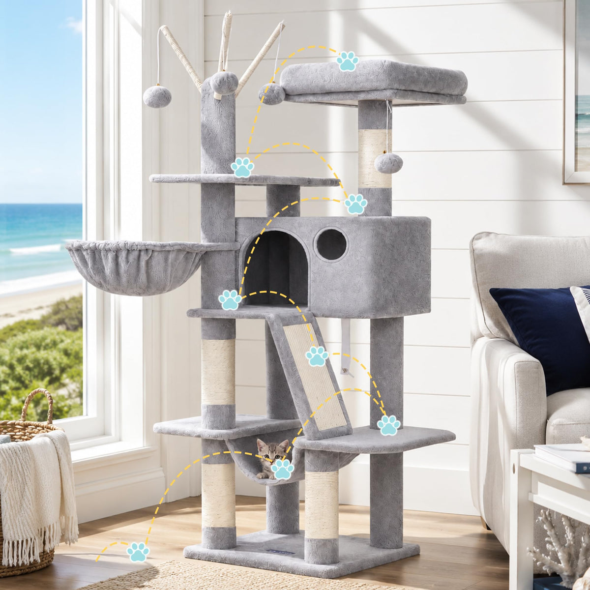 Cat Tree Tower with Padded Platform Bed, Hammock T577