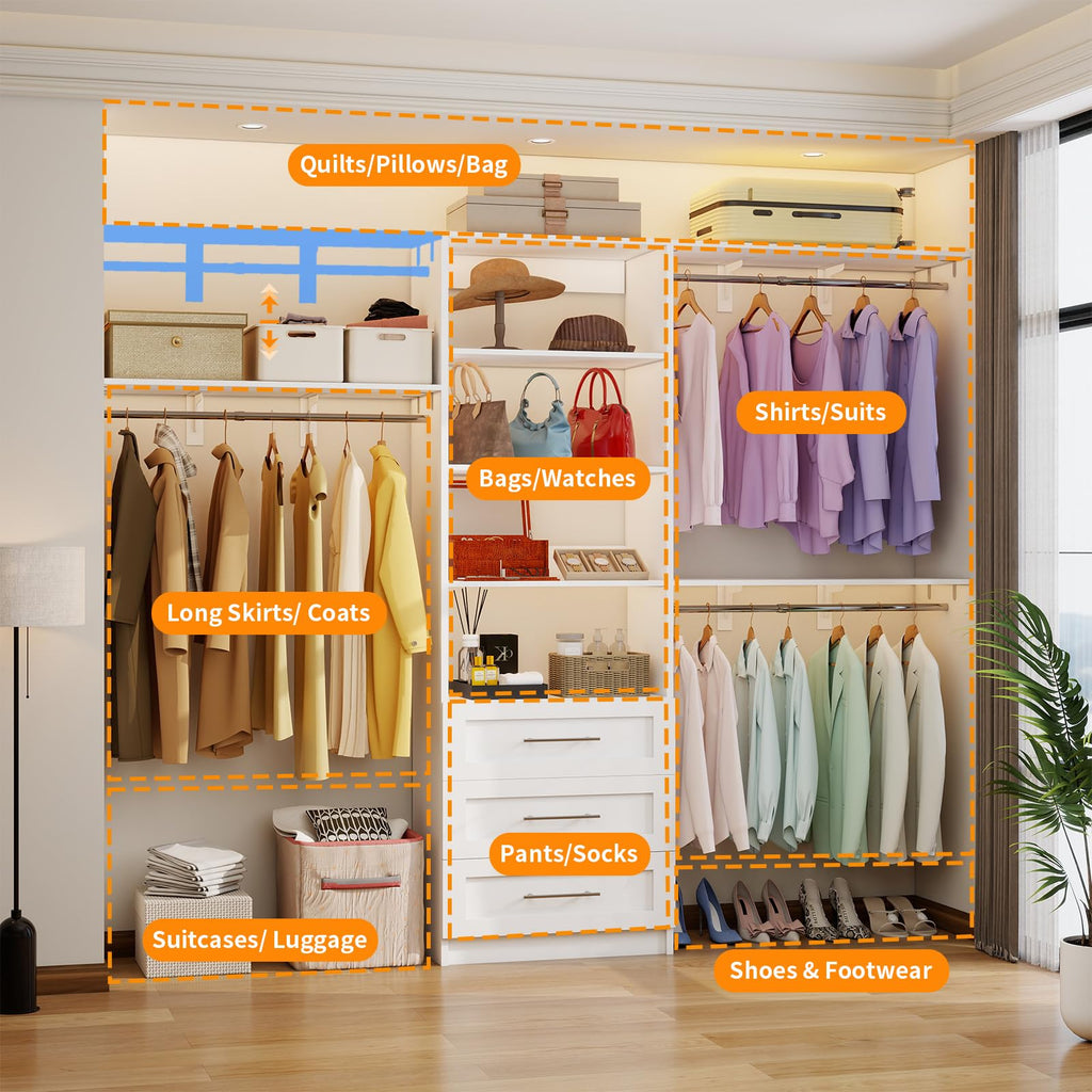 White Closet System with 3 Wood Drawers and Hanging Rods F25474