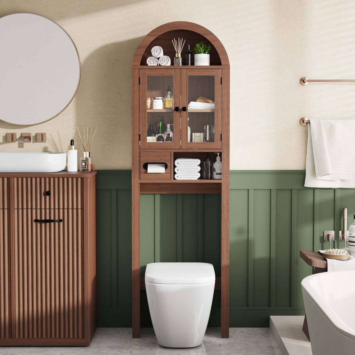 Arched Over the Toilet Storage Cabinet with Tempered Glass Doors G684