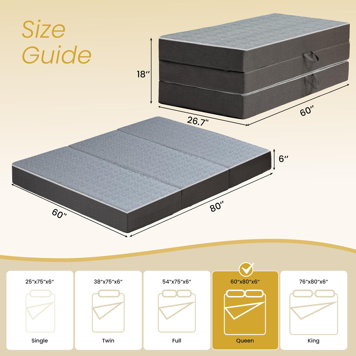 Queen Size 6 Inch Memory Foam Tri Folding Mattress E94821