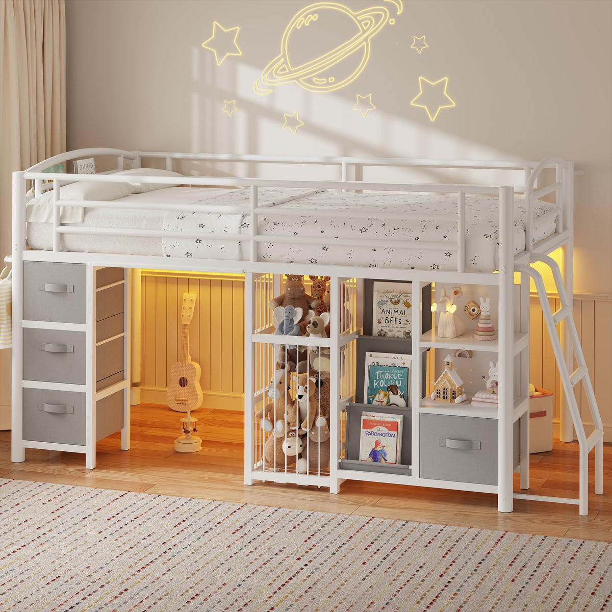 Twin Low Loft Bed with Storage Drawers and LED Lights A427