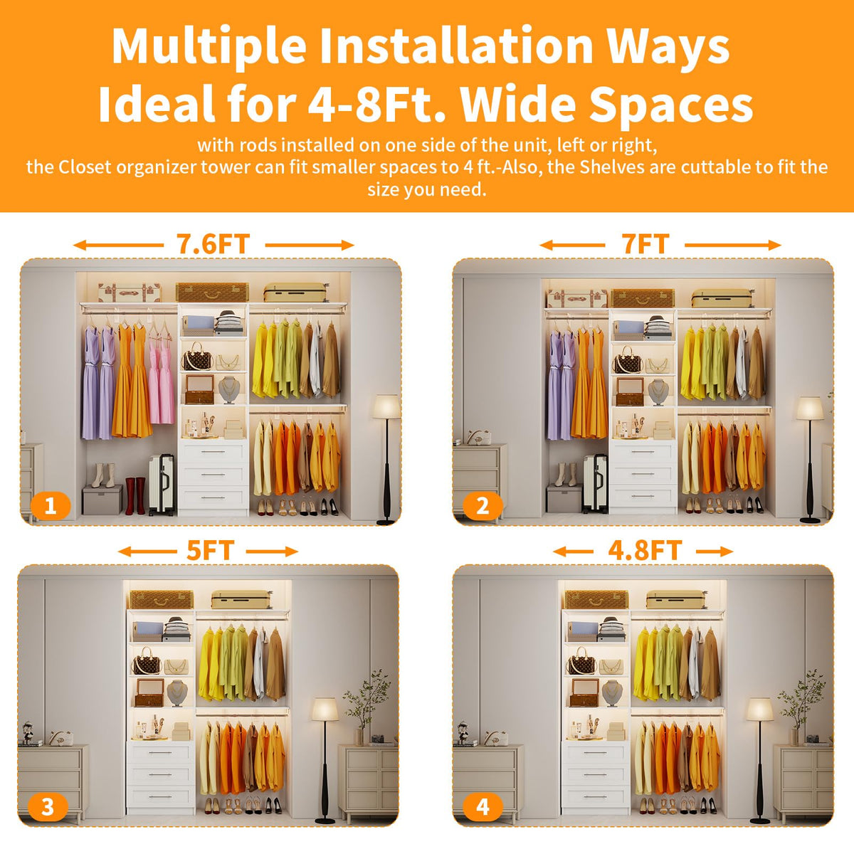 White Closet System with 3 Wood Drawers and Hanging Rods F25474