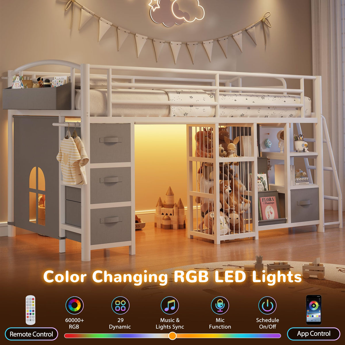 Twin Low Loft Bed with Storage Drawers and LED Lights A427