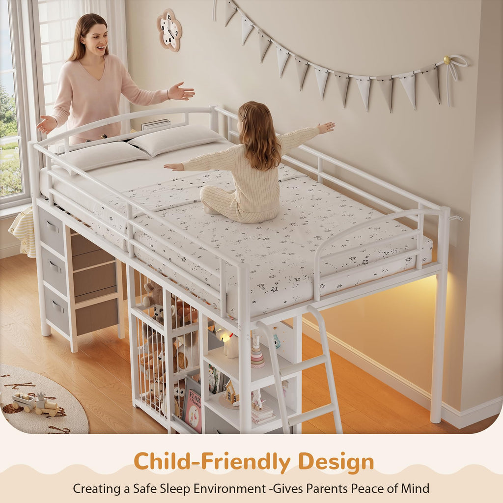 Twin Low Loft Bed with Storage Drawers and LED Lights A427