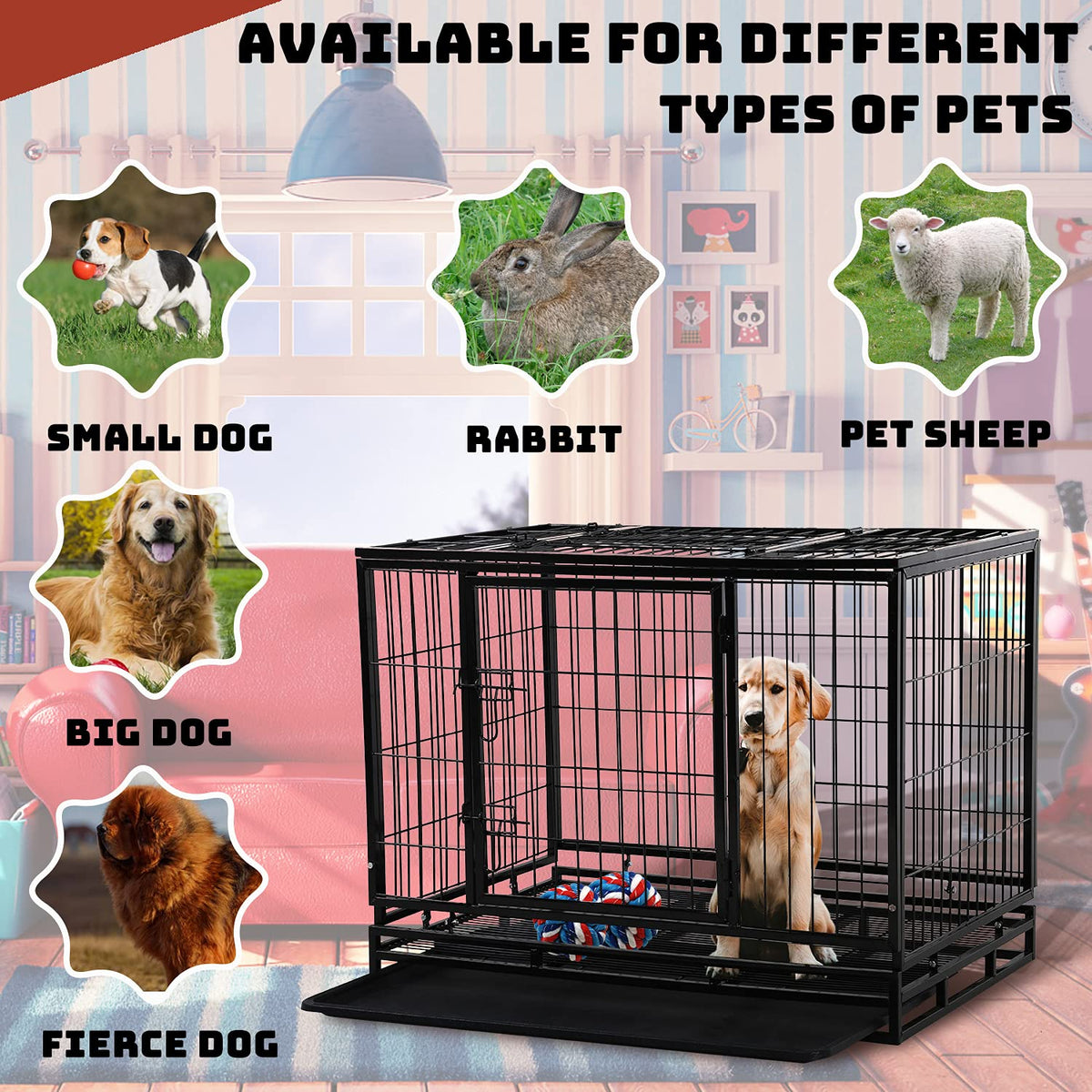 48 inch Heavy Duty Foldable Dog Crate with Lockable Wheels O6147