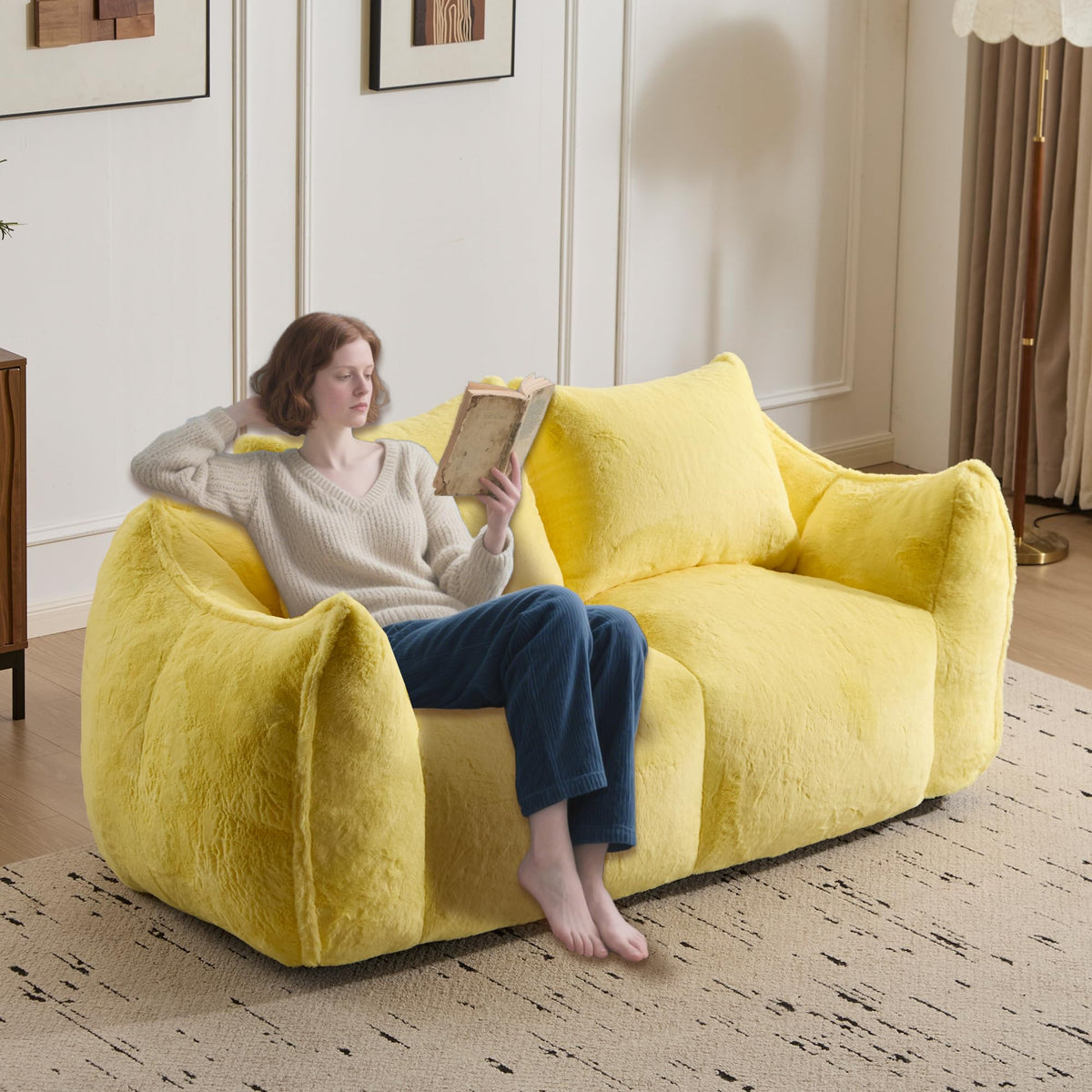 Oversized Yellow Fluffy Loveseat with Pillows Y210662