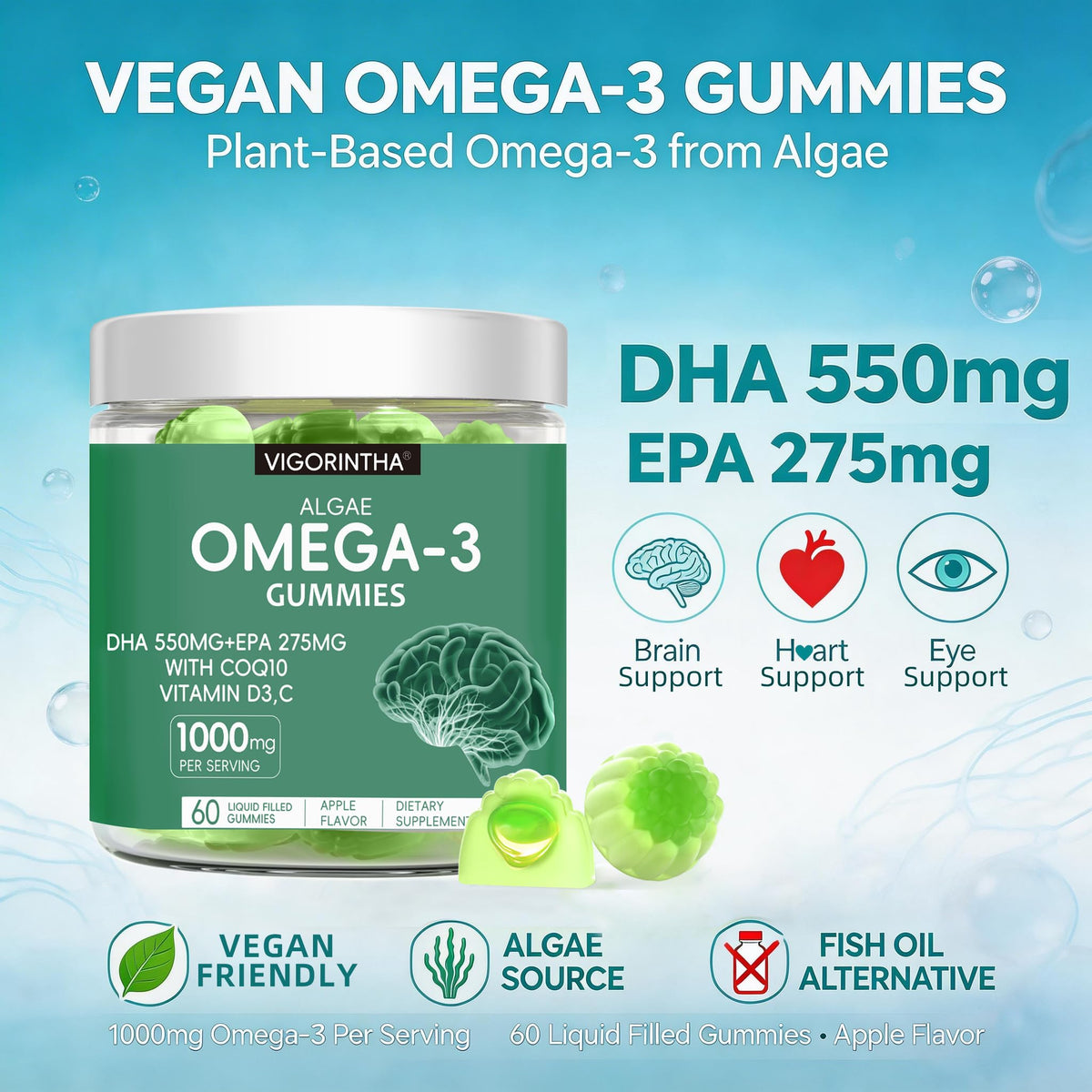 Vegan Omega-3 Algae Oil Softgels with DHA & EPA, 120 Softgels N430