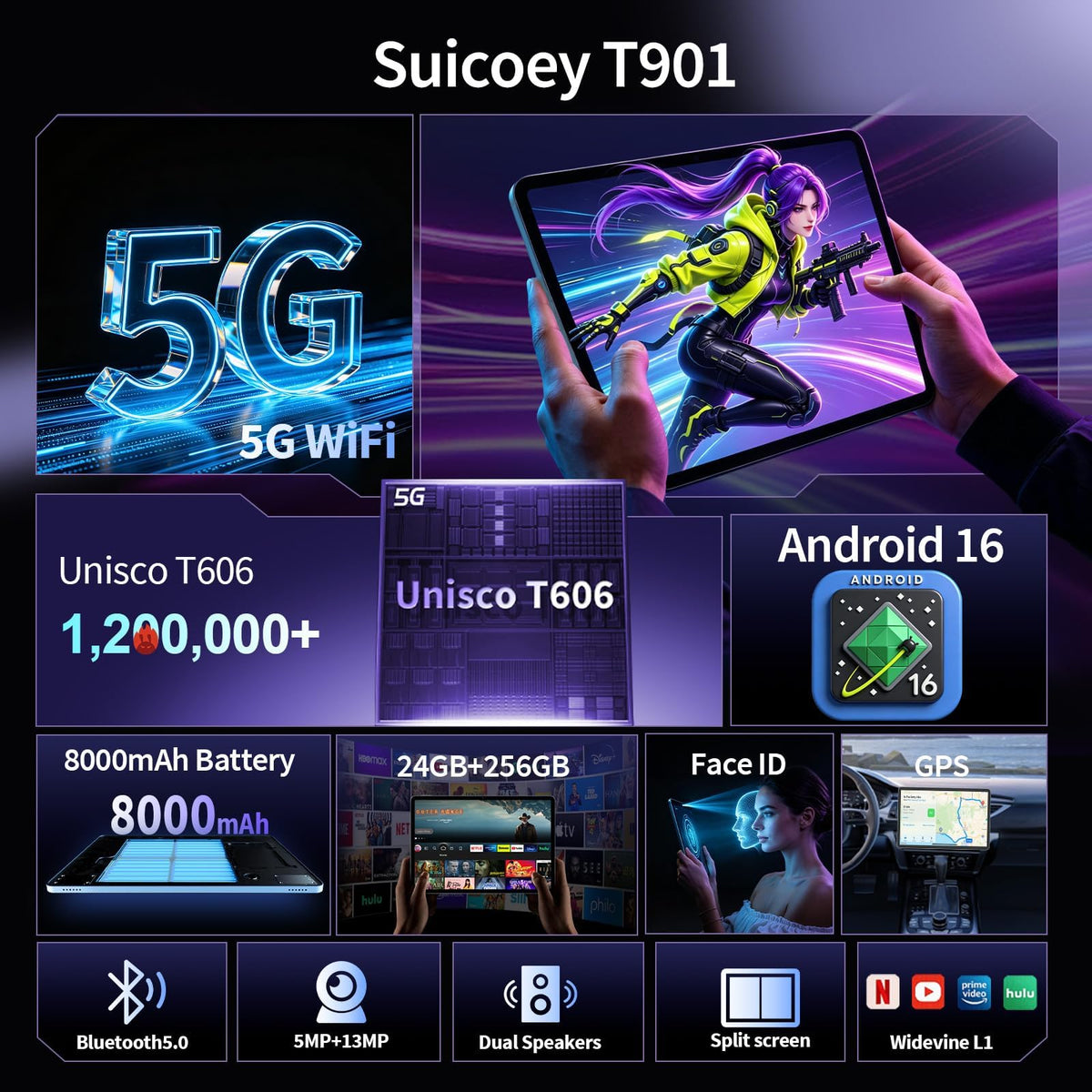 Android 16 Tablet 10 inch 32GB 256GB 2TB Expand Black S416