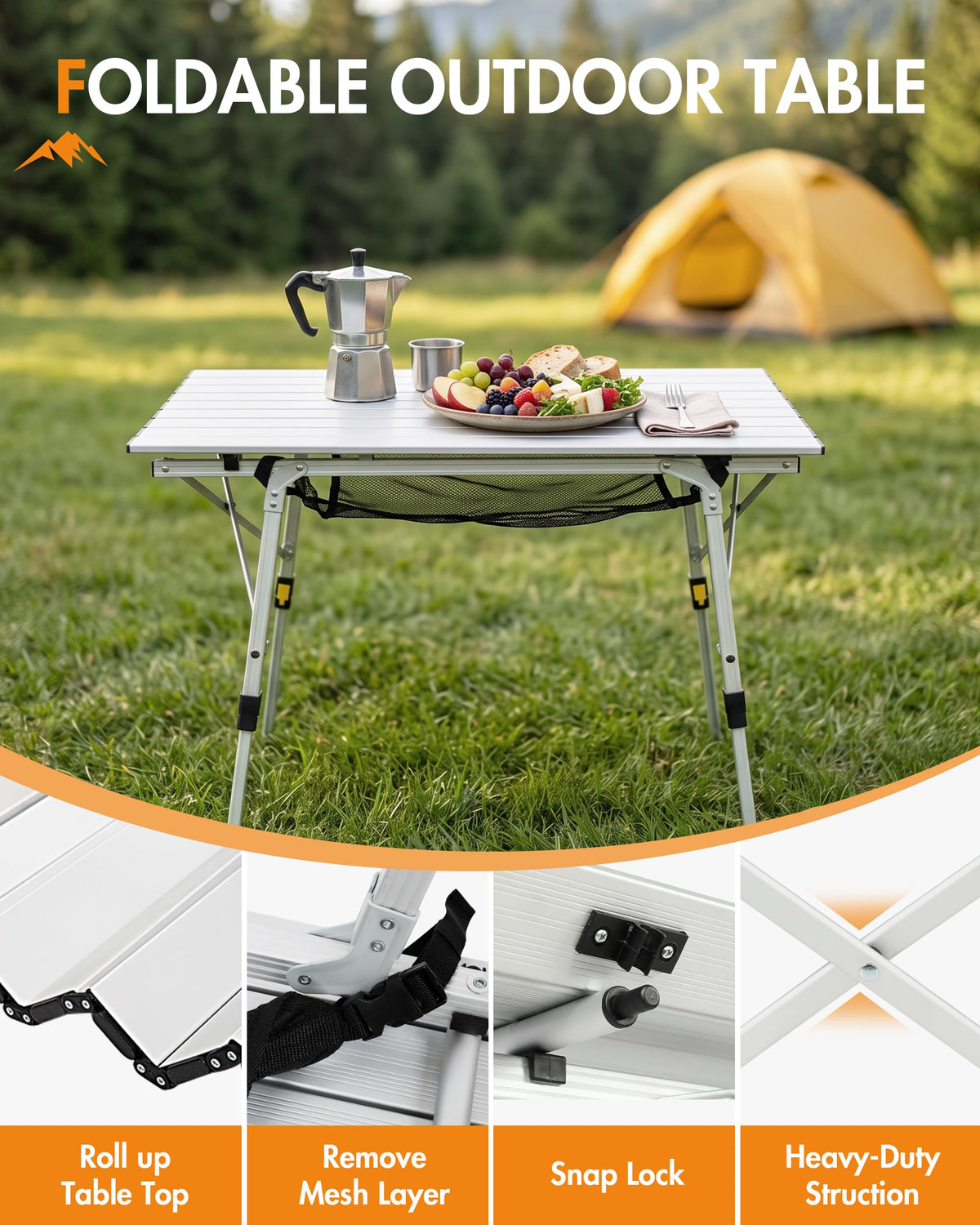 Folding Portable Camping Table with Adjustable Height Aluminum Roll Up Top C726029