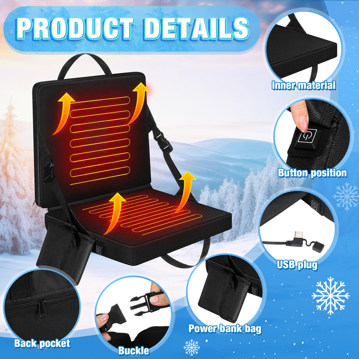 2 Pcs Portable Foldable Heated Seat Cushion USB Powered 3 Mode Adjustable Pad with Pocket X4317