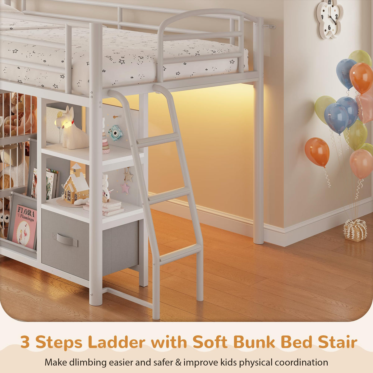 Twin Low Loft Bed with Storage Drawers and LED Lights A427