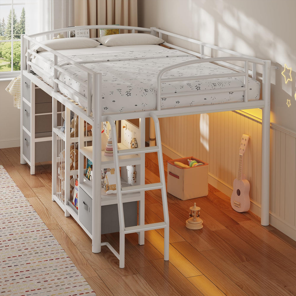 Twin Low Loft Bed with Storage Drawers and LED Lights A427