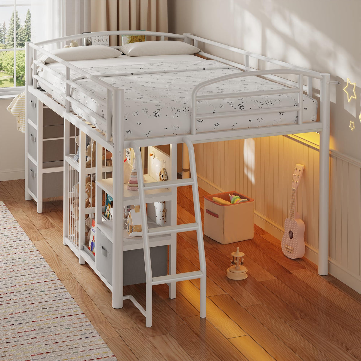 Twin Low Loft Bed with Storage Drawers and LED Lights A427