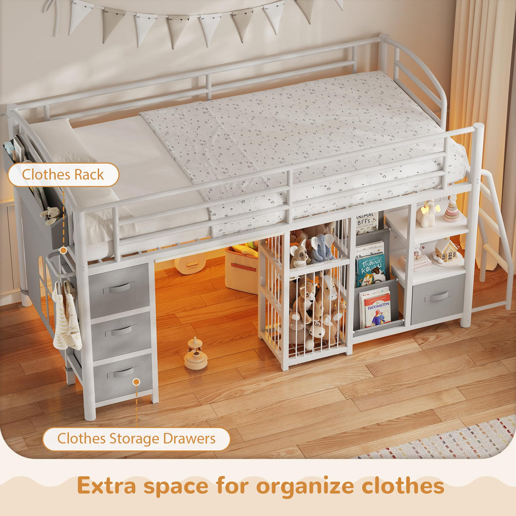 Twin Low Loft Bed with Storage Drawers and LED Lights A427