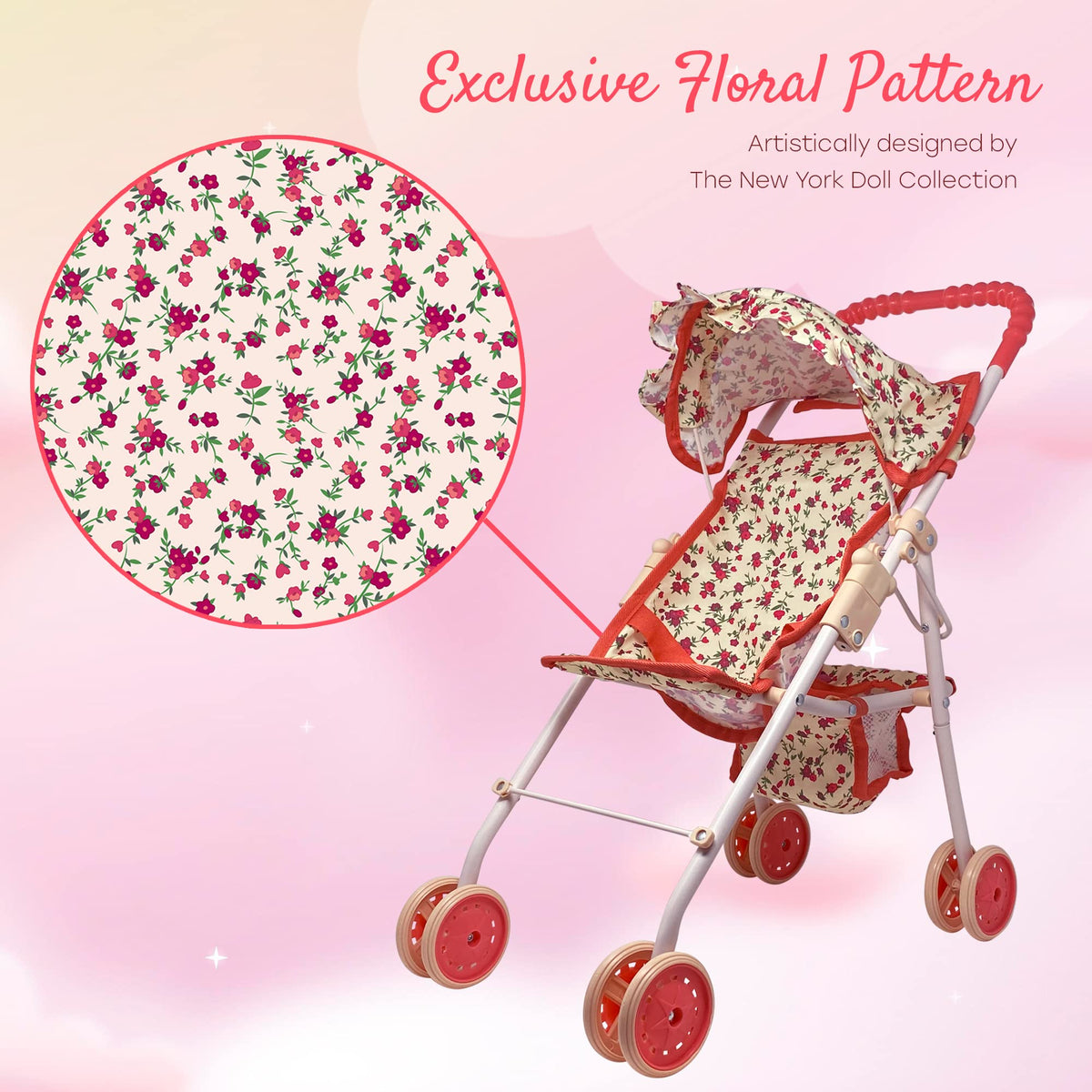 Baby Doll Stroller with Storage Basket, Foldable Frame, Canopy, Seatbelt I50666