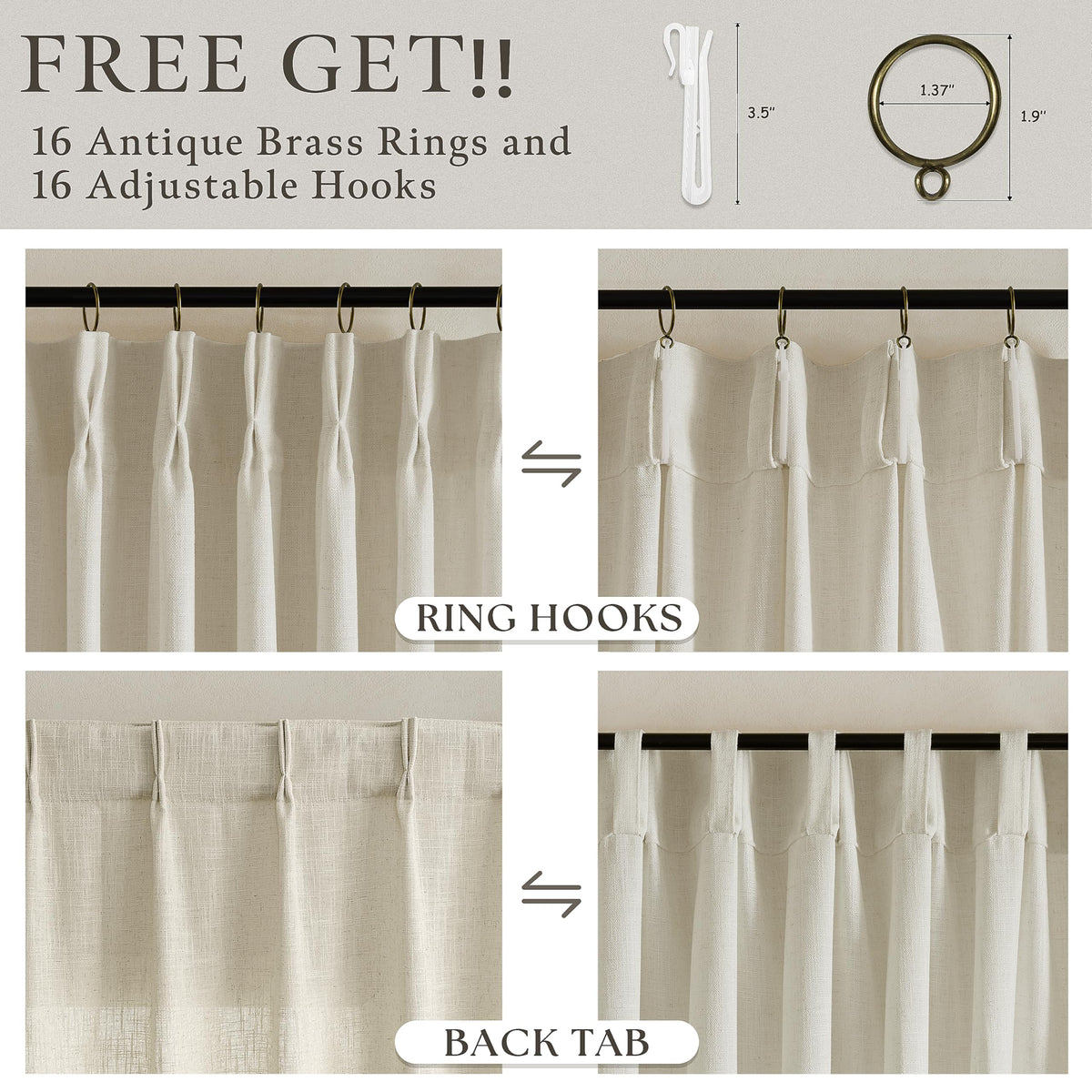 Beige Linen Pleated Light Filtering Curtains H83816