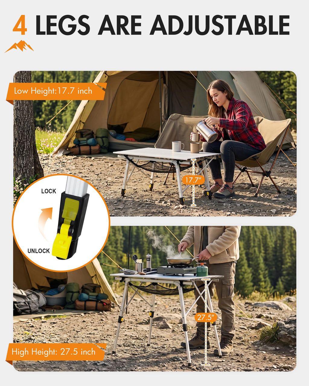 Folding Portable Camping Table with Adjustable Height Aluminum Roll Up Top C726029