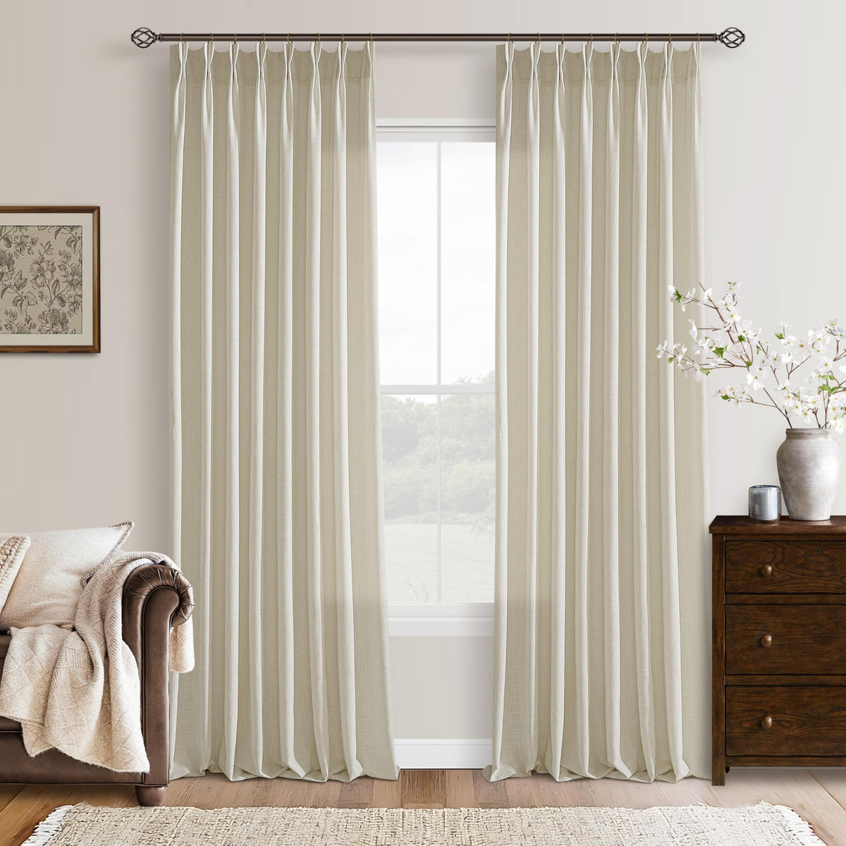 Beige Linen Pleated Light Filtering Curtains H83816